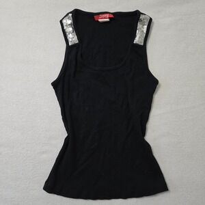 Vintage Y2k Lipsy Tank Top Large Black Silver Sexy Sequin Straps Cotton Glam Top